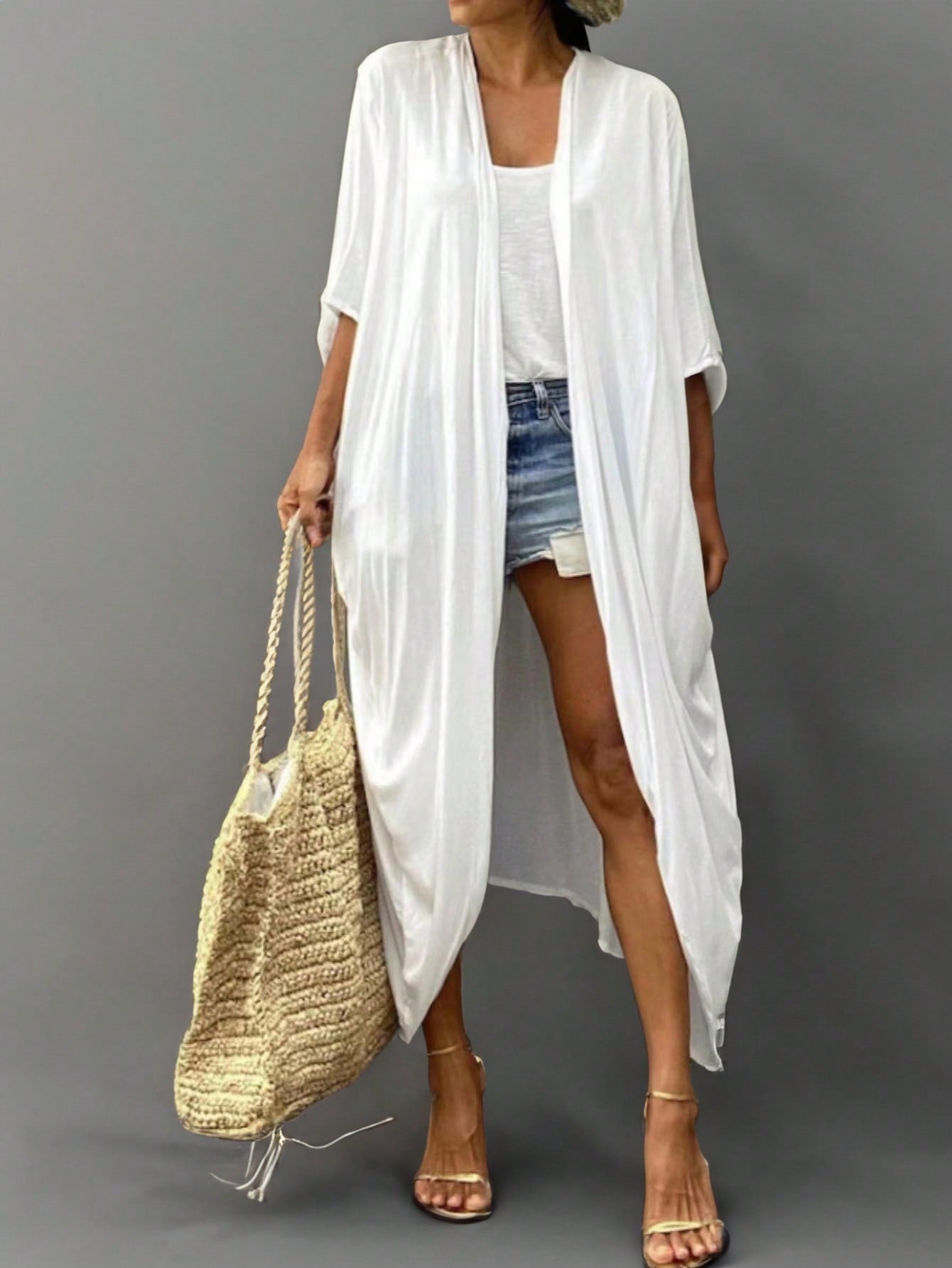 Women Summer Beach Vacation Plain Color Batwing Sleeve Long Loose Kimono