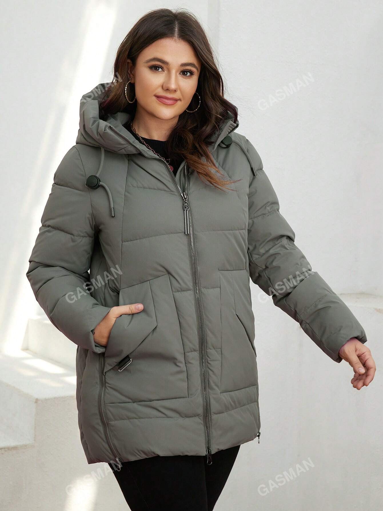 GASMAN Plus Zip Up Drawstring Hooded Puffer Coat