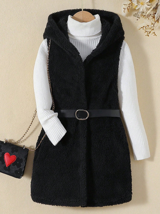 Tween Girl 1pc Solid Hooded Teddy Vest Coat