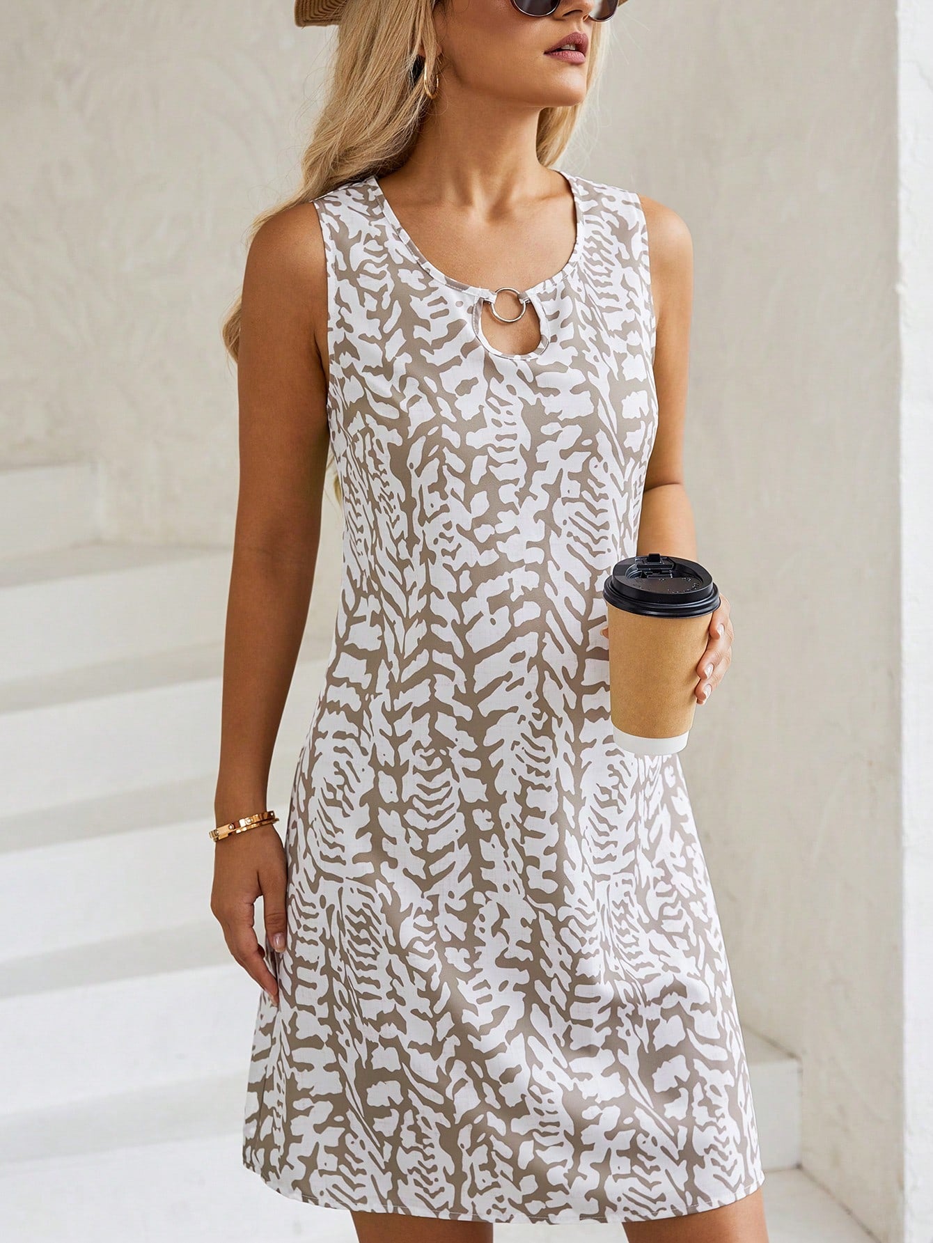 Full Printed Keyhole Collar Sleeveless Dress