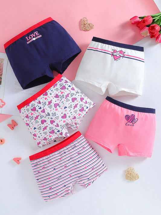 Tween Girl 5pcs Heart & Letter Graphic Contrast Tape Boxer Brief