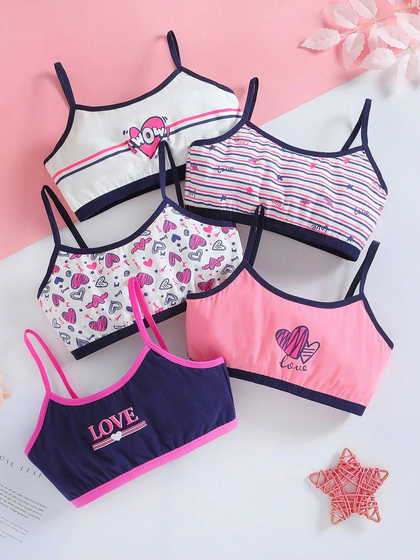 Tween Girl 5pcs/Set Cute Heart, Letter, Stripe And Floral Print Shorts