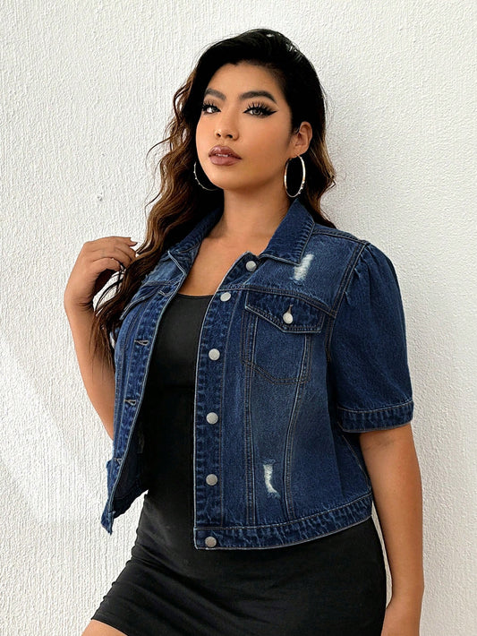 Plus Ripped Flap Pocket Denim Jacket