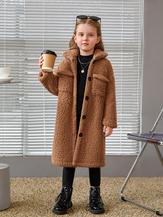 Young Girl Casual Coral Fleece Mid-Length Lapel Collar Long Sleeve Coat For Winter