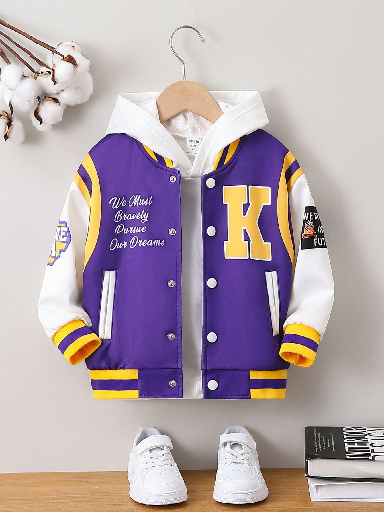 Young Boy Slogan Graphic Striped Trim Varsity Jacket Without Hoodie