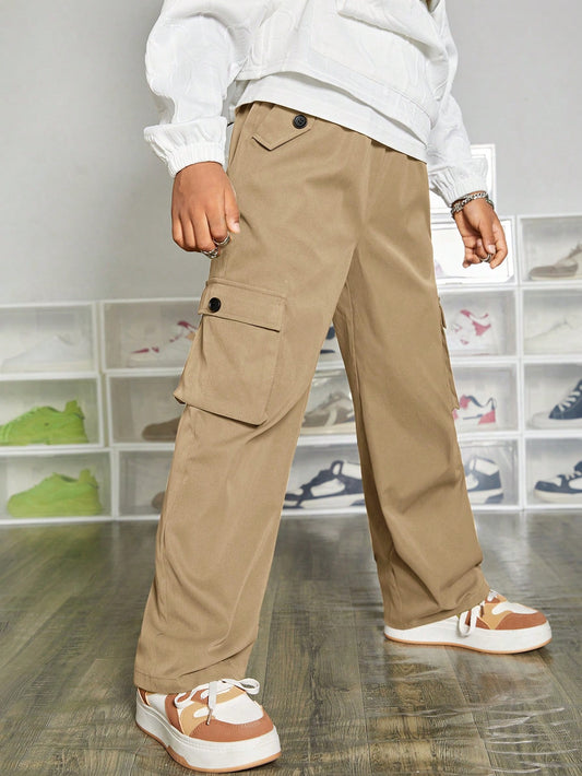 Tween Boy Baggy Straight Utility Pants With Slanted Pockets, Flap & Foldover Pocket Design