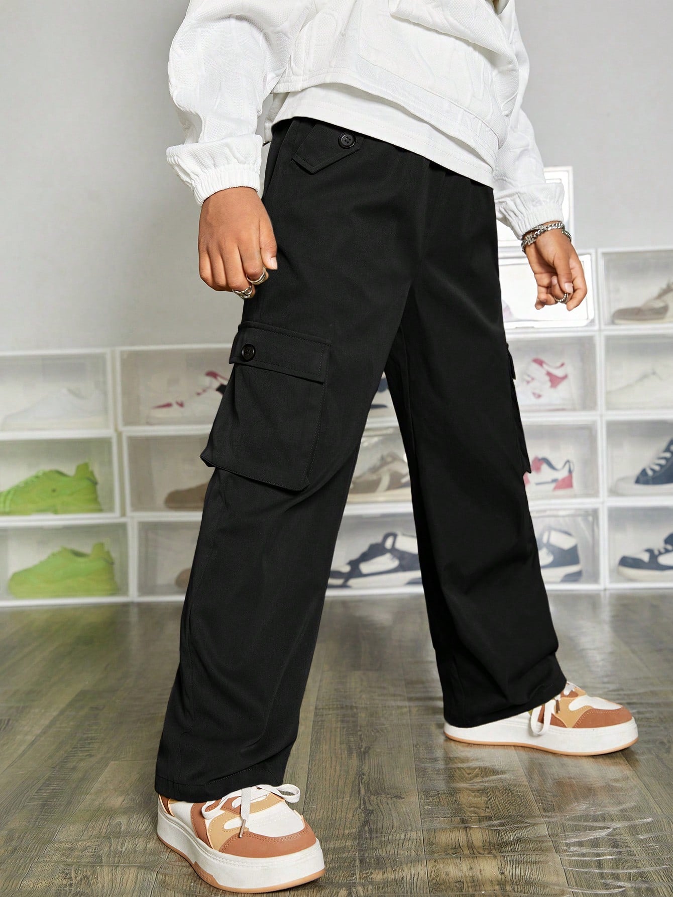 Tween Boy Baggy Straight Utility Pants With Slanted Pockets, Flap & Foldover Pocket Design