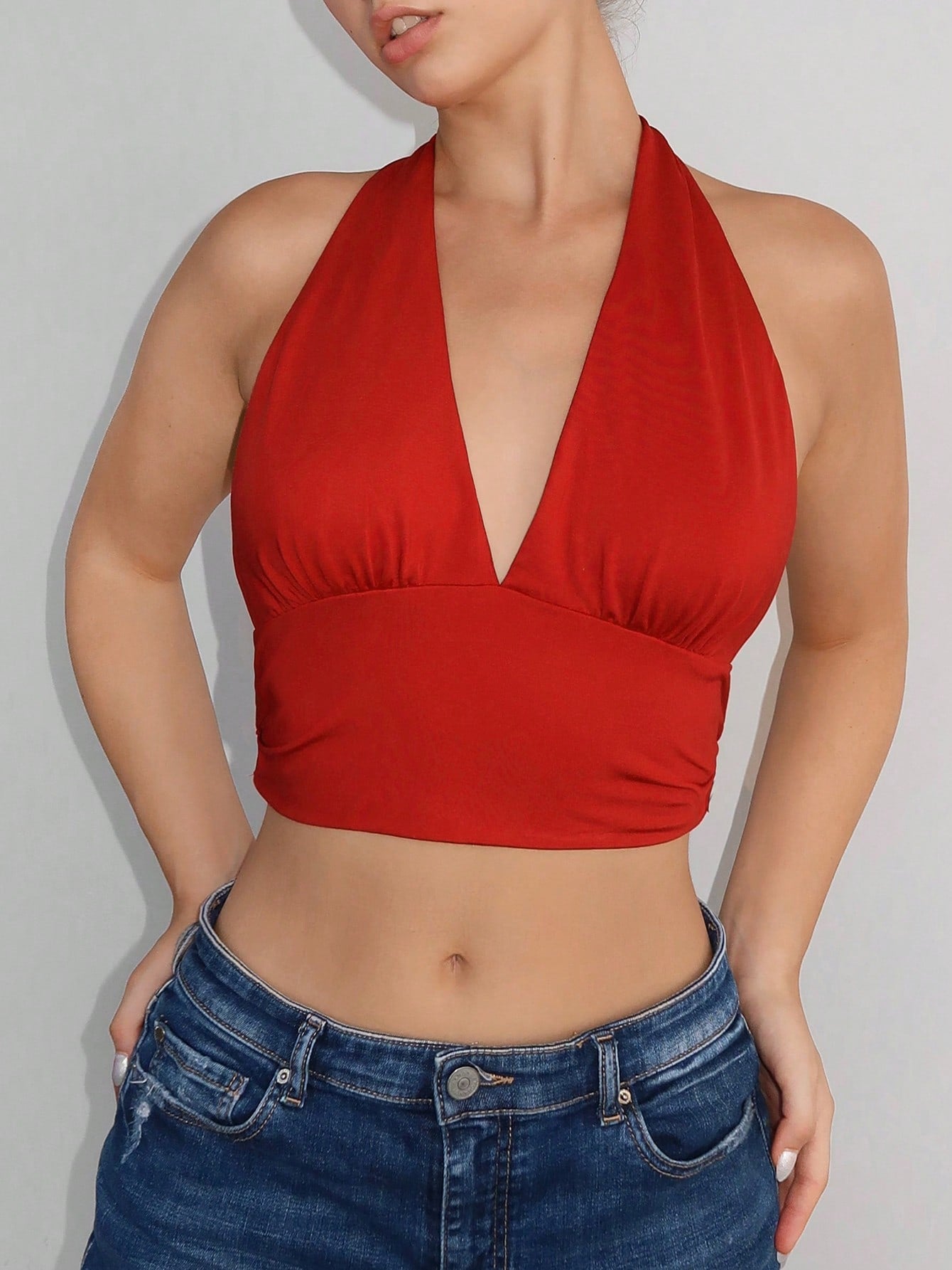 Summer Solid Backless Crop Halter Top