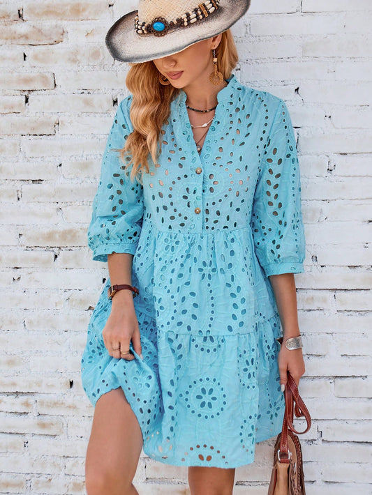 Eyelet Embroidery Button Front Smock Dress