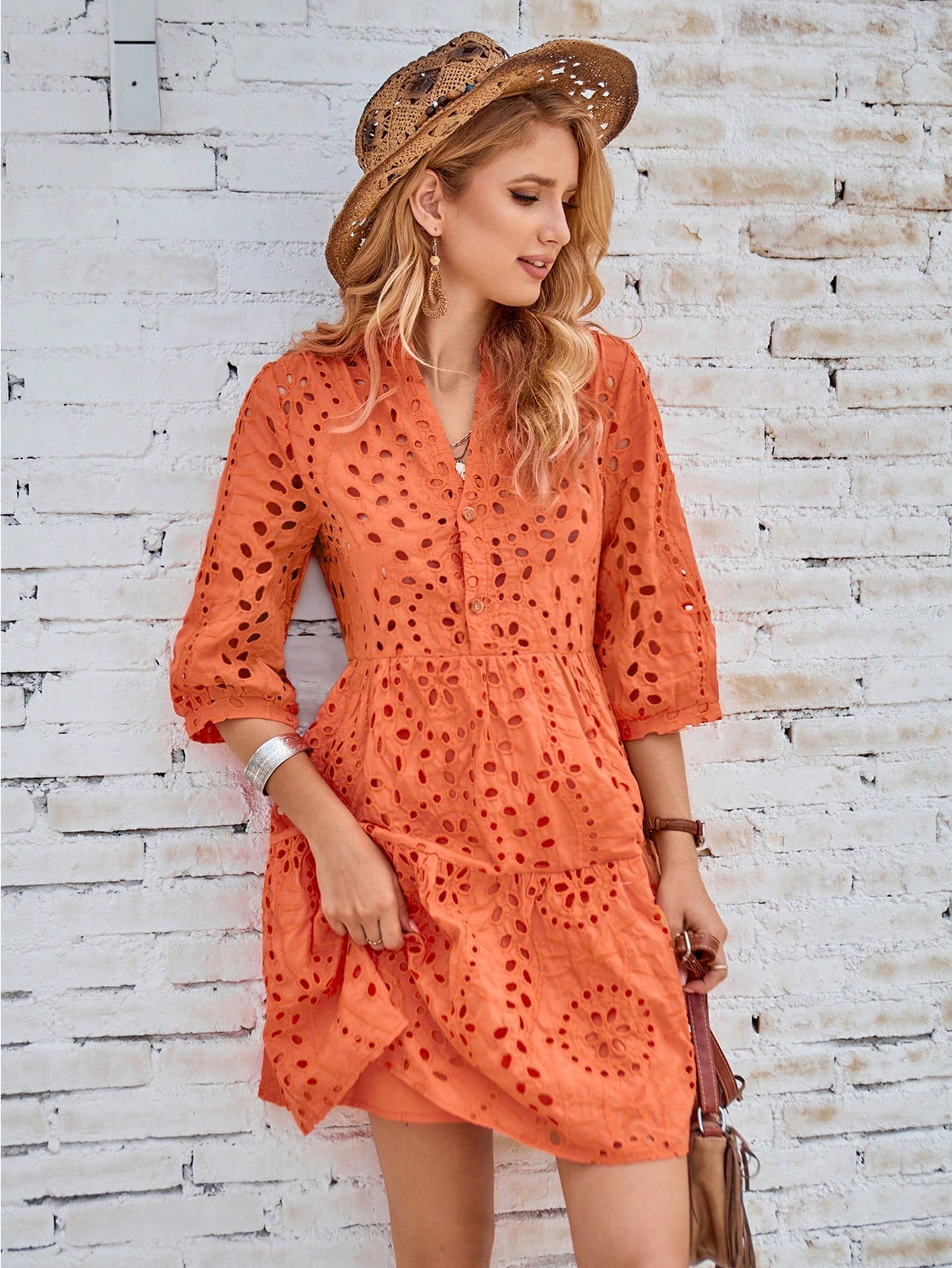 Eyelet Embroidery Button Front Smock Dress