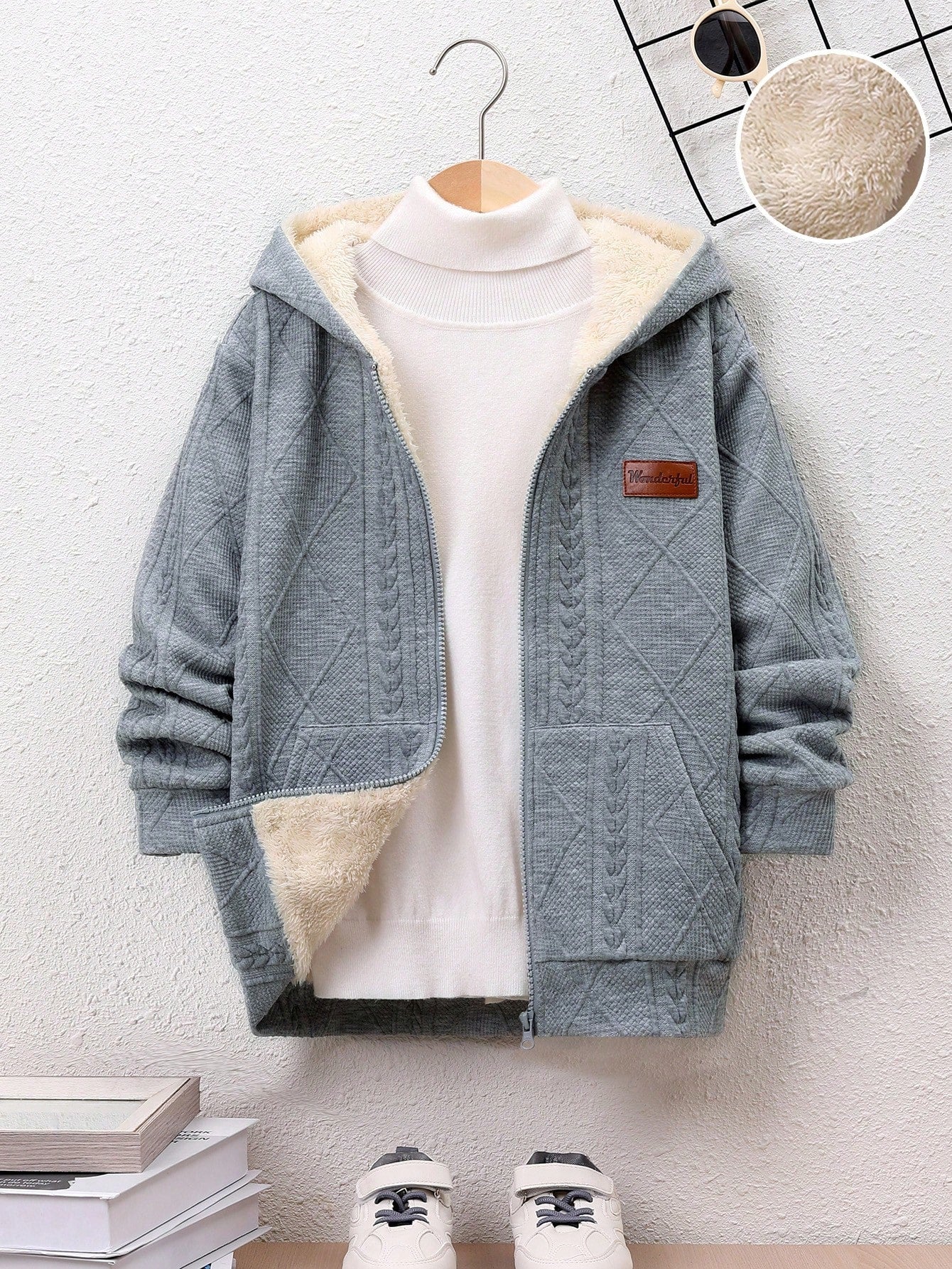 Tween Boy Letter Patched Detail Thermal Lined Hooded Coat Without Sweater