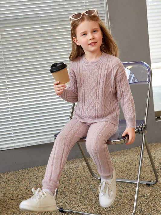 Young Girl Cable Knit Drop Shoulder Sweater & Knit Pants