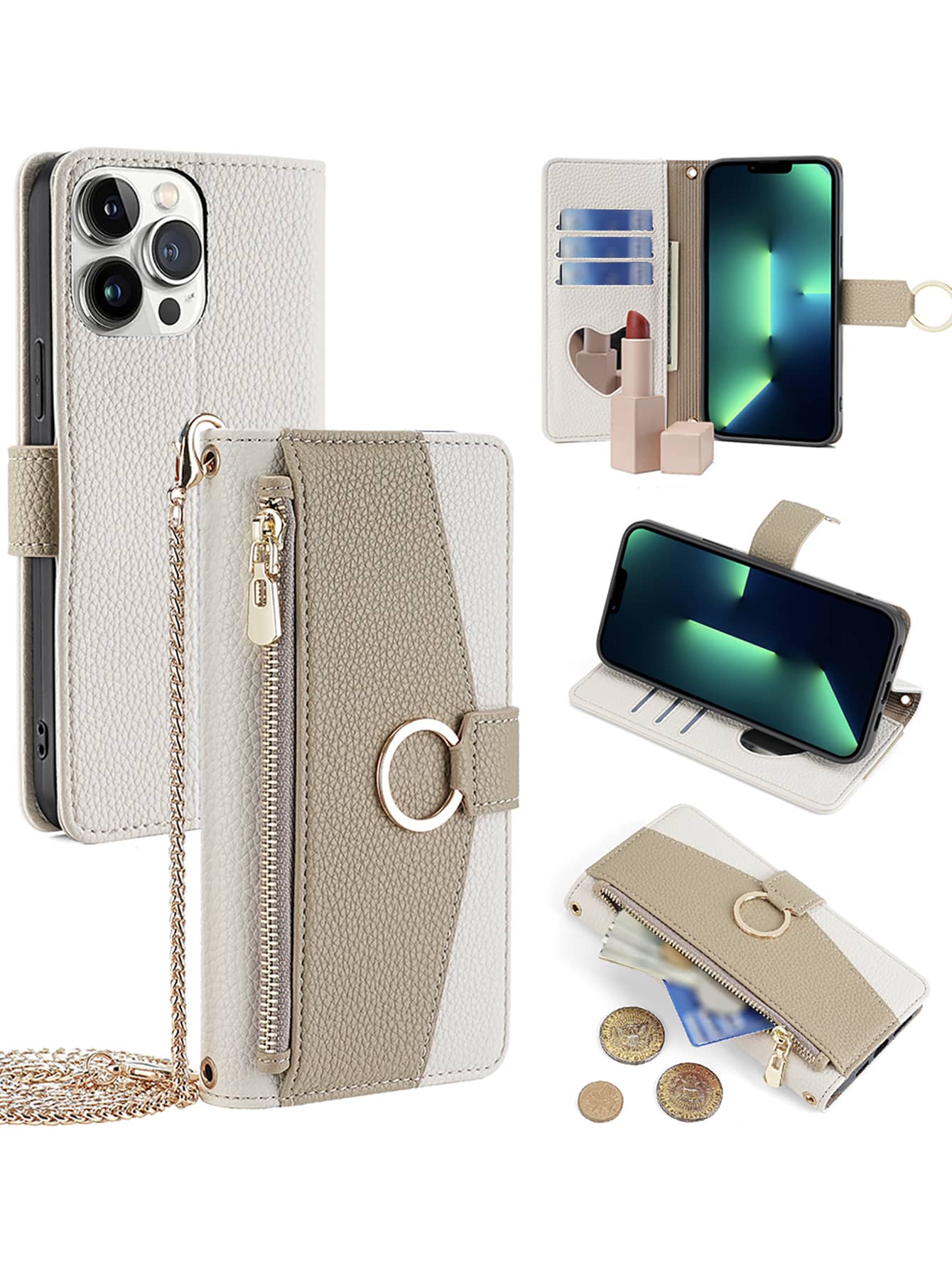 1pc White Metal Chain Shoulder Zipper Wallet With Makeup Mirror, Anti-Fall Phone Case With Card Slot, Compatible With Sense4/Apple 13 Promax/Samsung A53/Huawei P20lite/Xiaomi Poco X3 GT/Redmi 9C/ Pixel 4A/Honor X9A/Pixel 7a