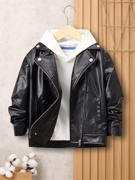 Tween Boy Casual PU Turn-Down Collar Motorcycle Style Open-Front Woven Solid Color Jacket