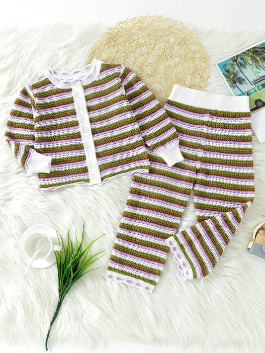 Young Girl Striped Pattern Cardigan & Knit Pants