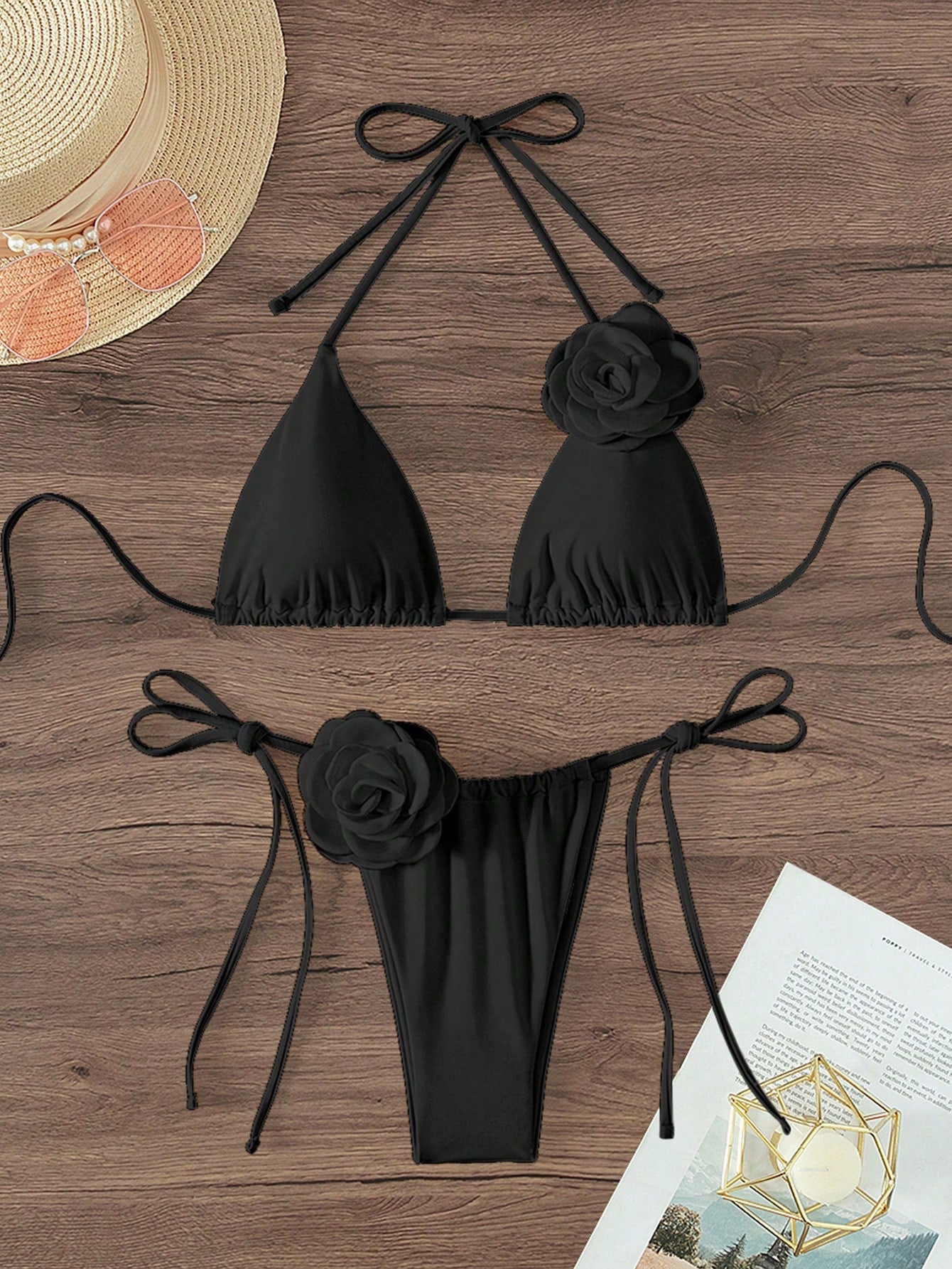 Swim Summer Beach Appliques Halter Triangle Tie Side Bikini Set