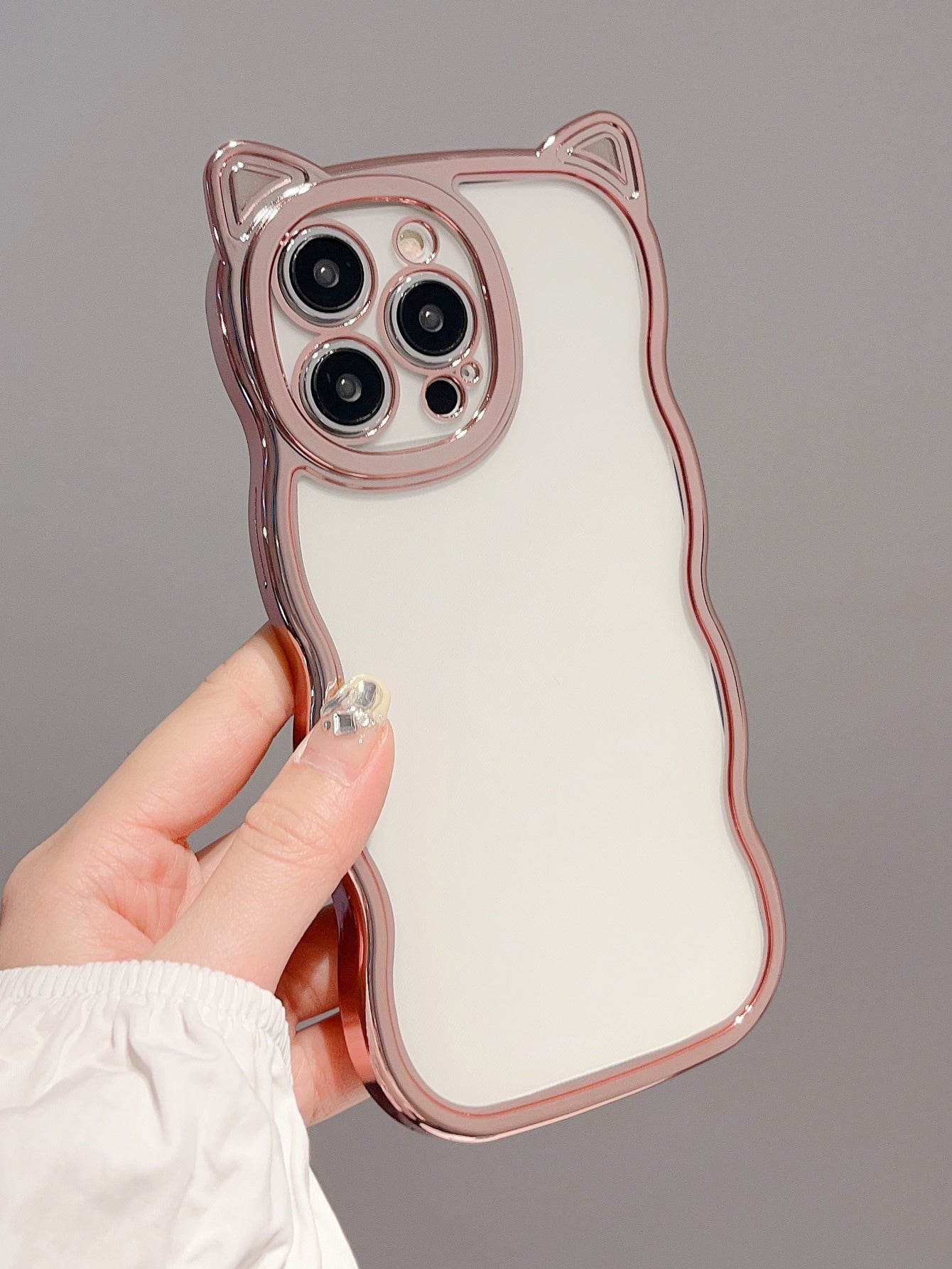 1pc Fashionable Cat Ear Shaped Tpu Phone Case With Electroplated Rose Gold Wavy Edge, Thickened Shockproof Cover Compatible With Iphone