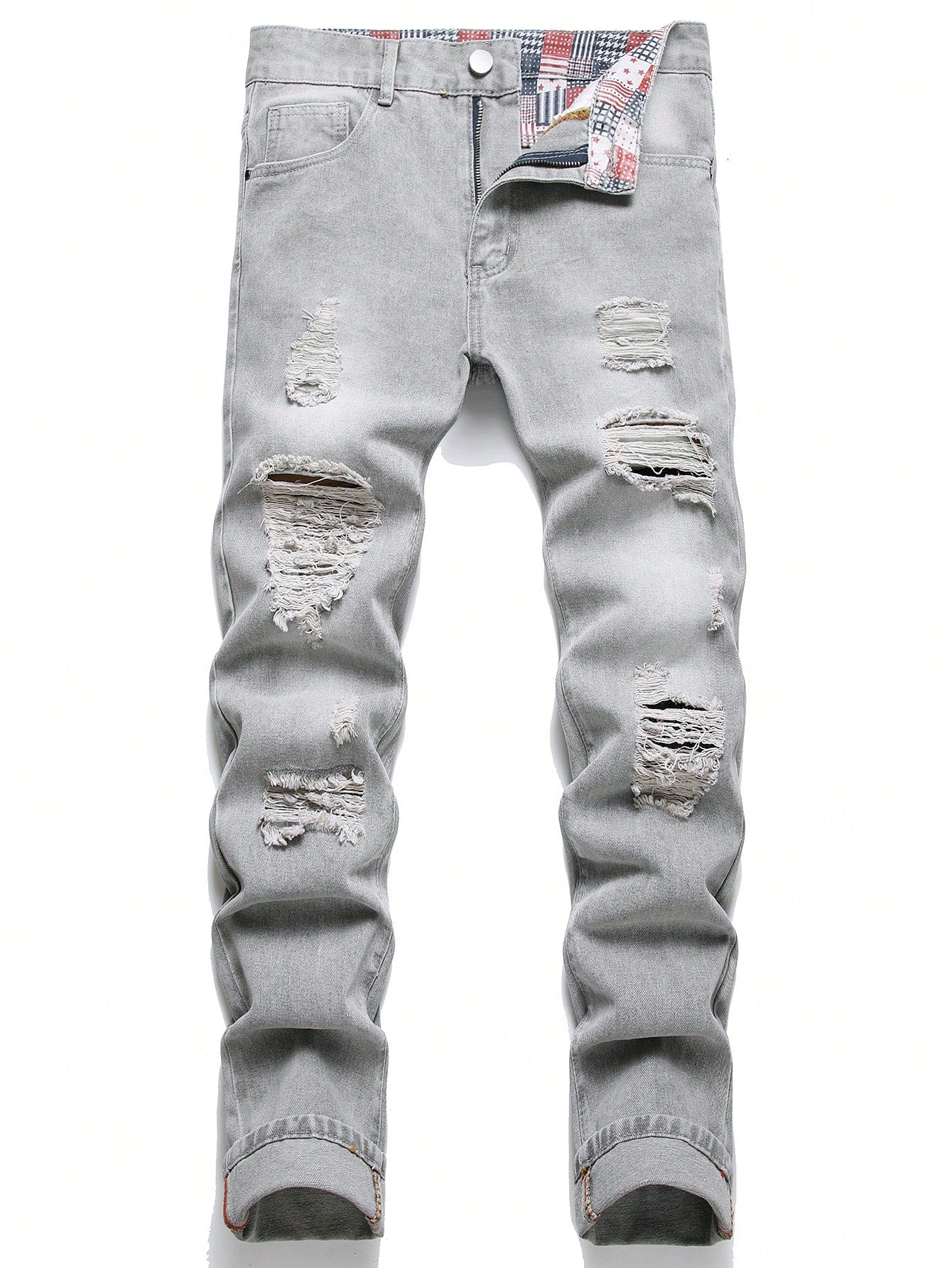 Men Cotton Patchwork Panel Ripped Frayed Bleach Wash Jeans