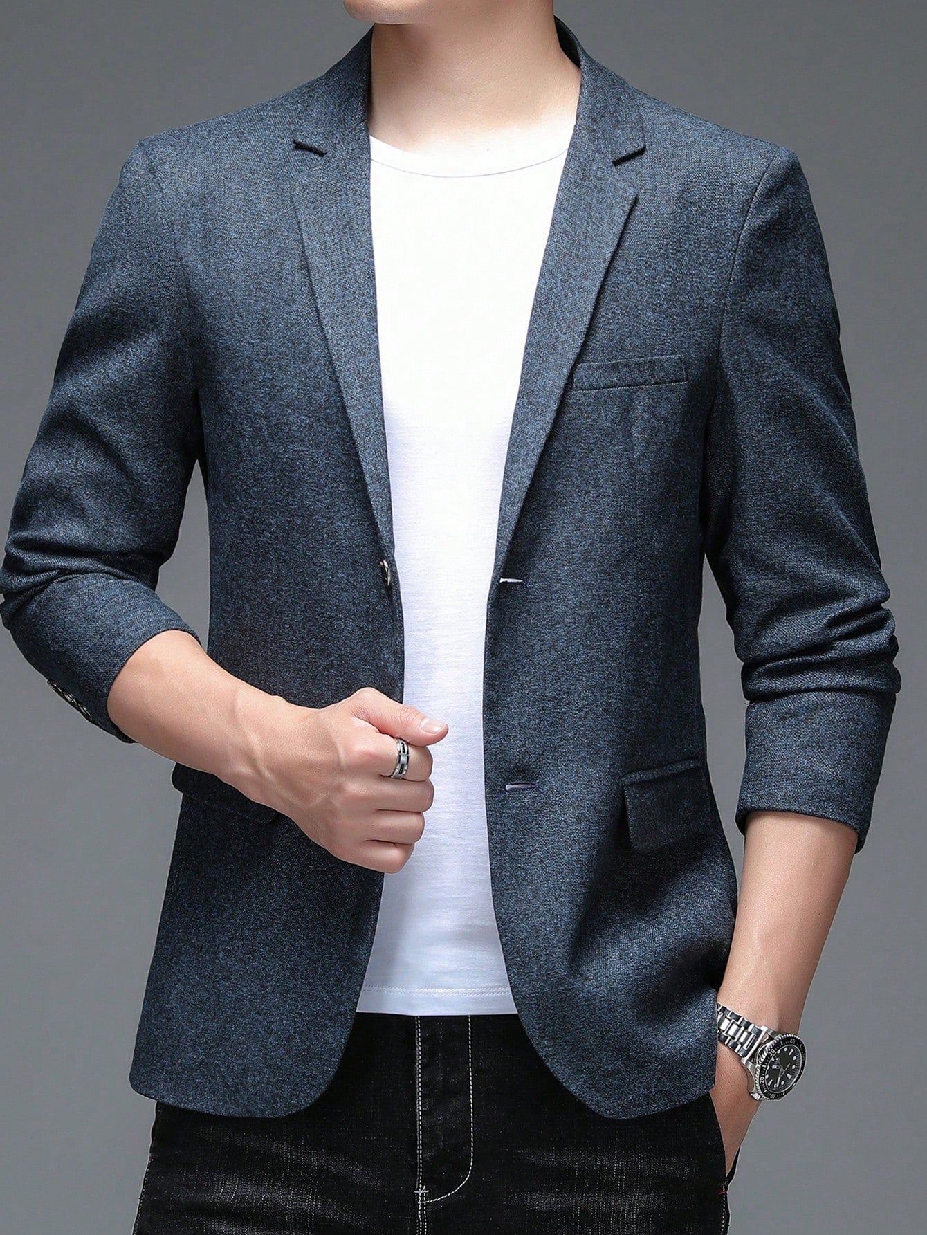 Men Lapel Collar Flap Detail Button Front Blazer