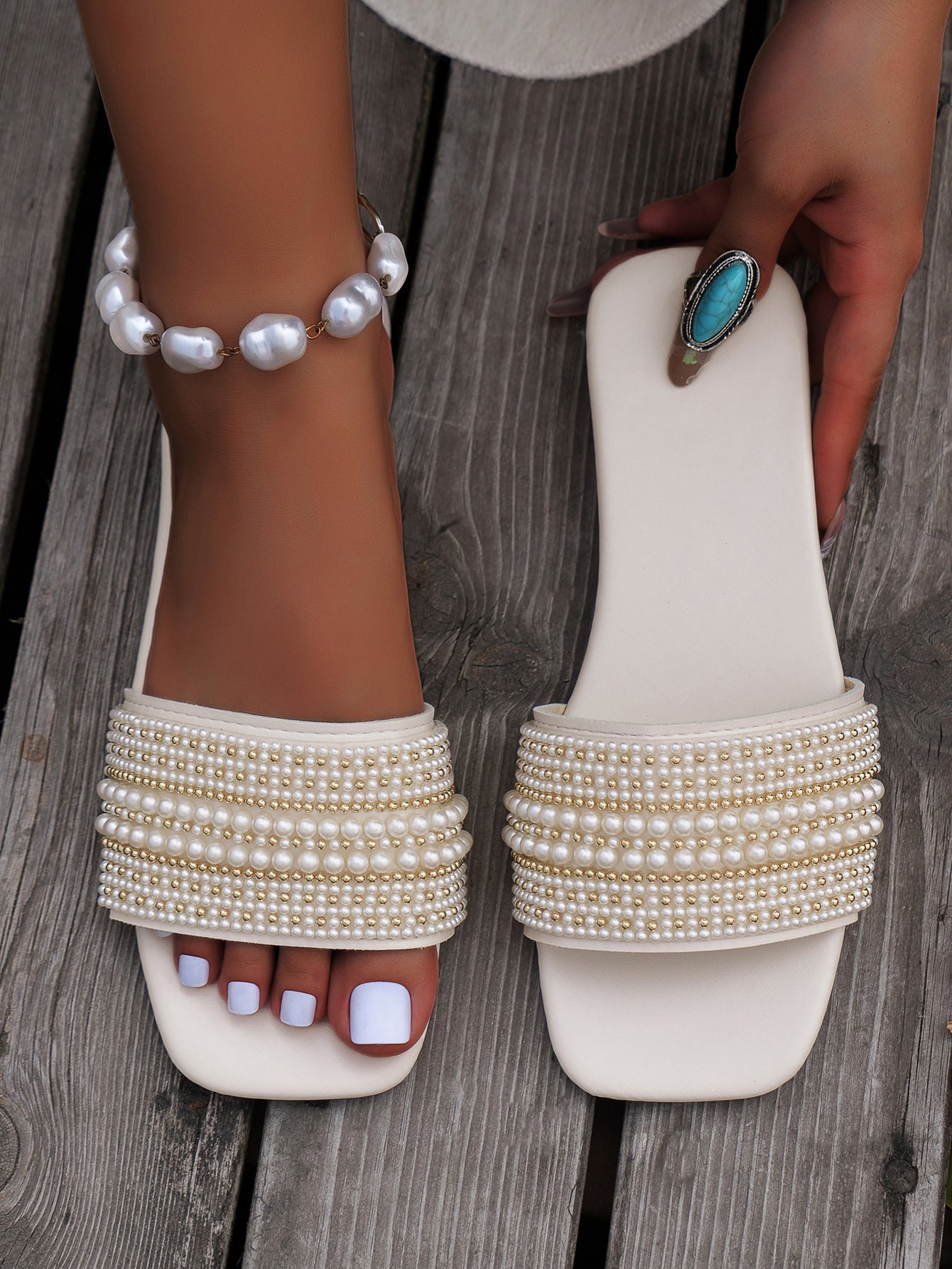 Women's Fashionable Faux Pearl Decorated Square Toe Flat Sandals For Summer