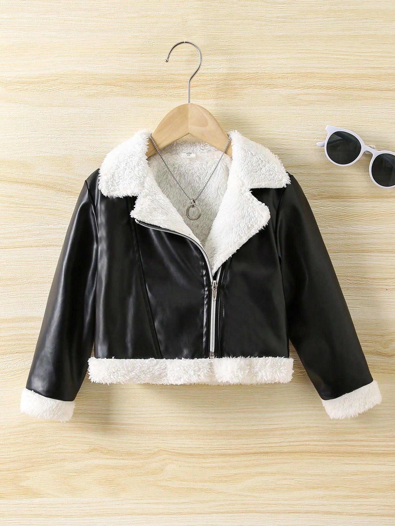 Young Girl Teddy Lined Zip Up PU Leather Moto Jacket