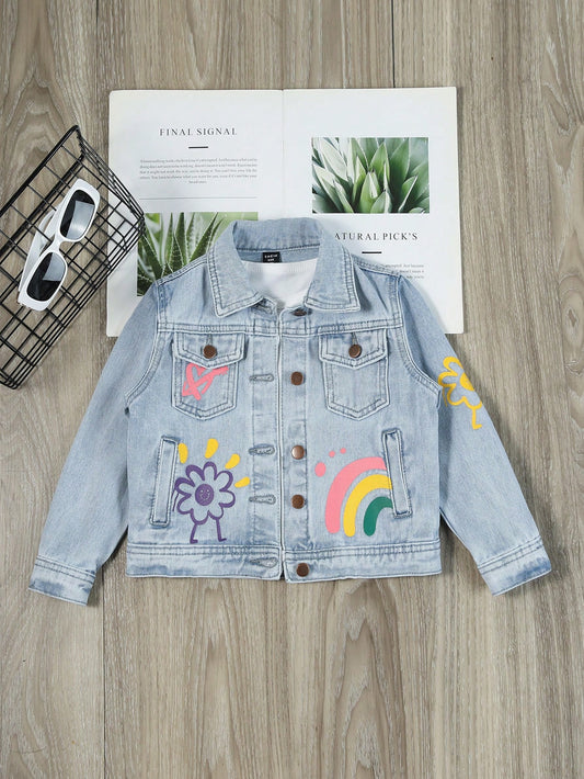 Young Girl Cartoon Print Denim Jacket Without Tee