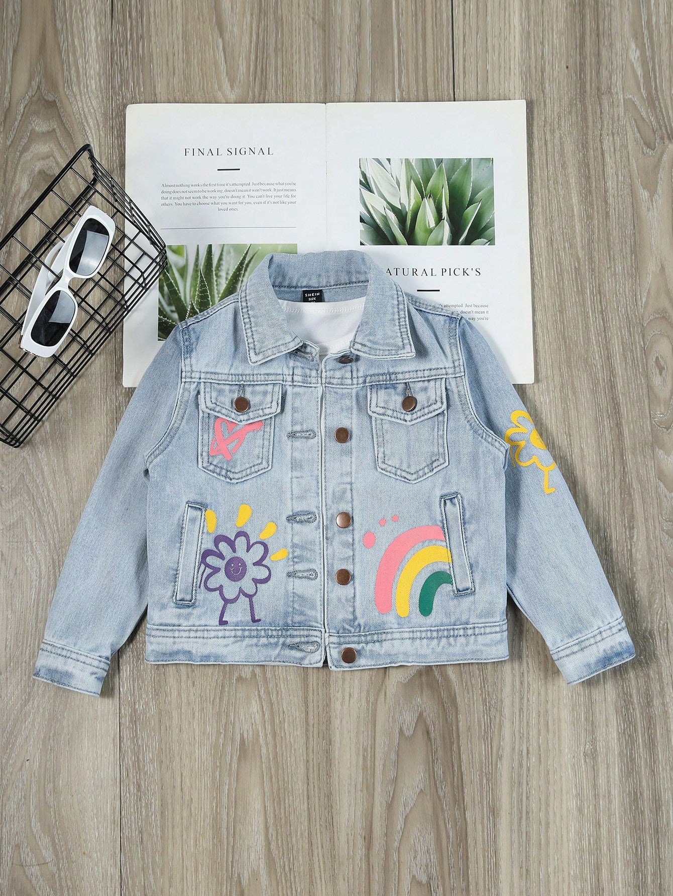 Young Girl Rainbow Printed Button-Up Denim Jacket With Long Sleeve