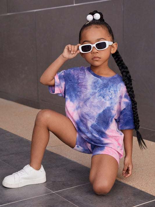 Young Girl Tie-Dye Relaxed Fit Round Neck T-Shirt And Shorts Set For Casual Wear