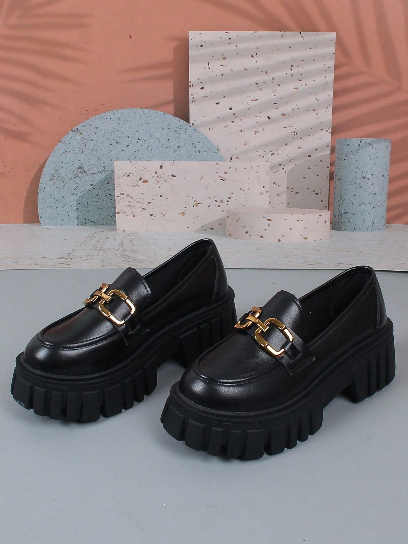 New Lady's Black Wedge Heel Loafers With Buckles, Comfortable Increased Thick-Sole Shoes For Women