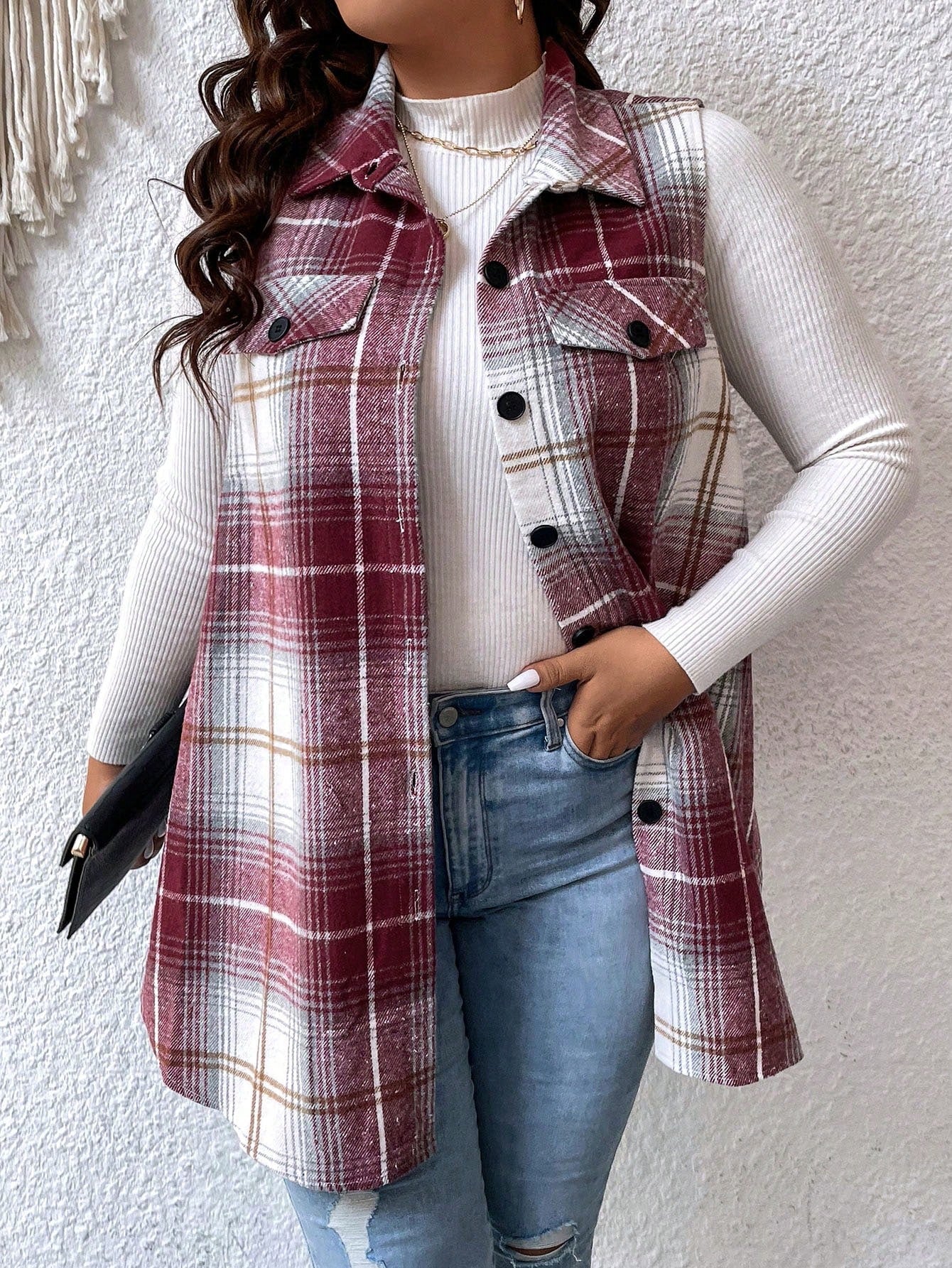 Plus Plaid Print Flap Detail Vest Coat