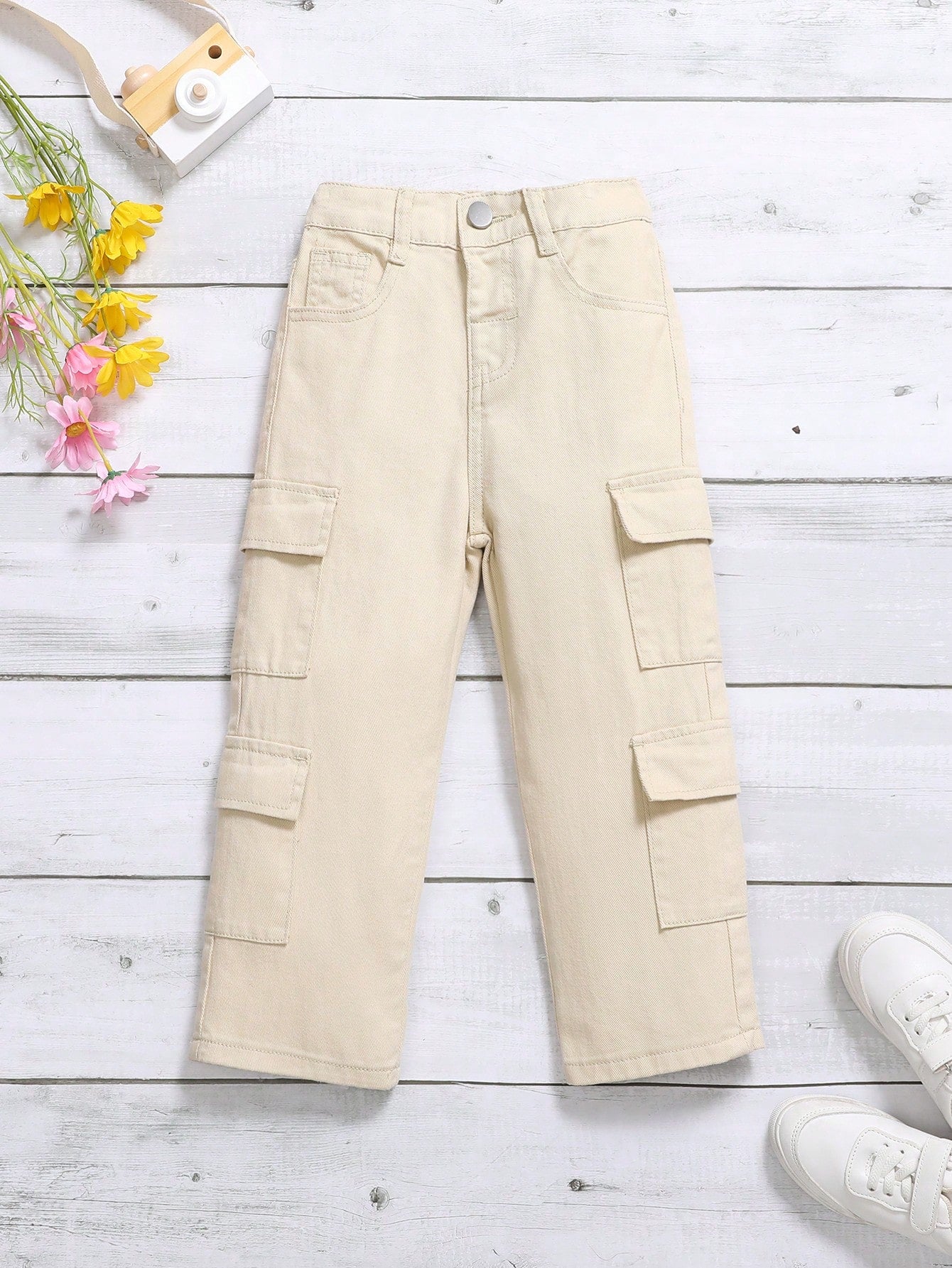 Young Girls Solid Color Casual Workwear Straight Leg Jeans With Pockets