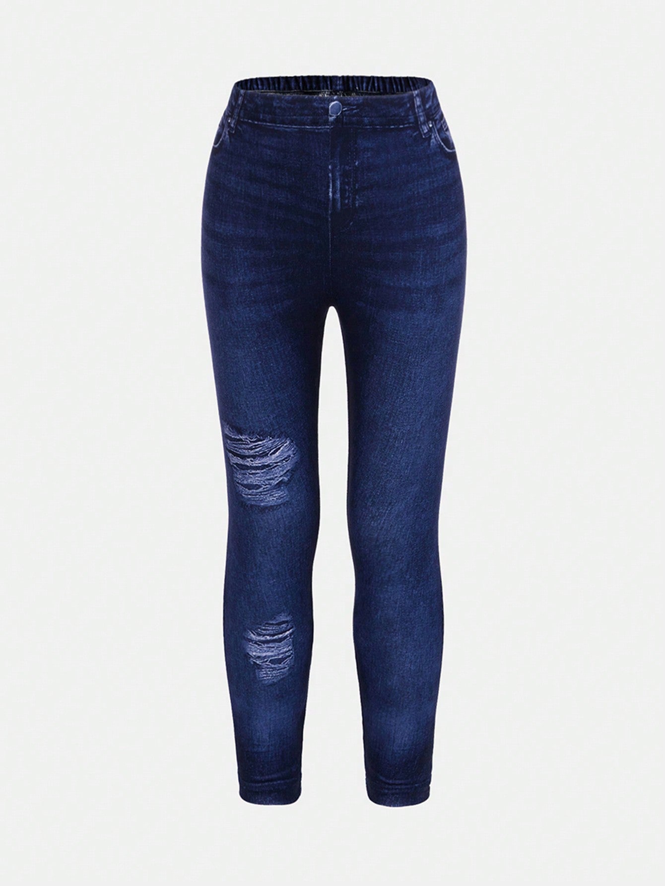 Young Girl Simple Dark Blue Distressed Long Jeans, Casual And Comfortable