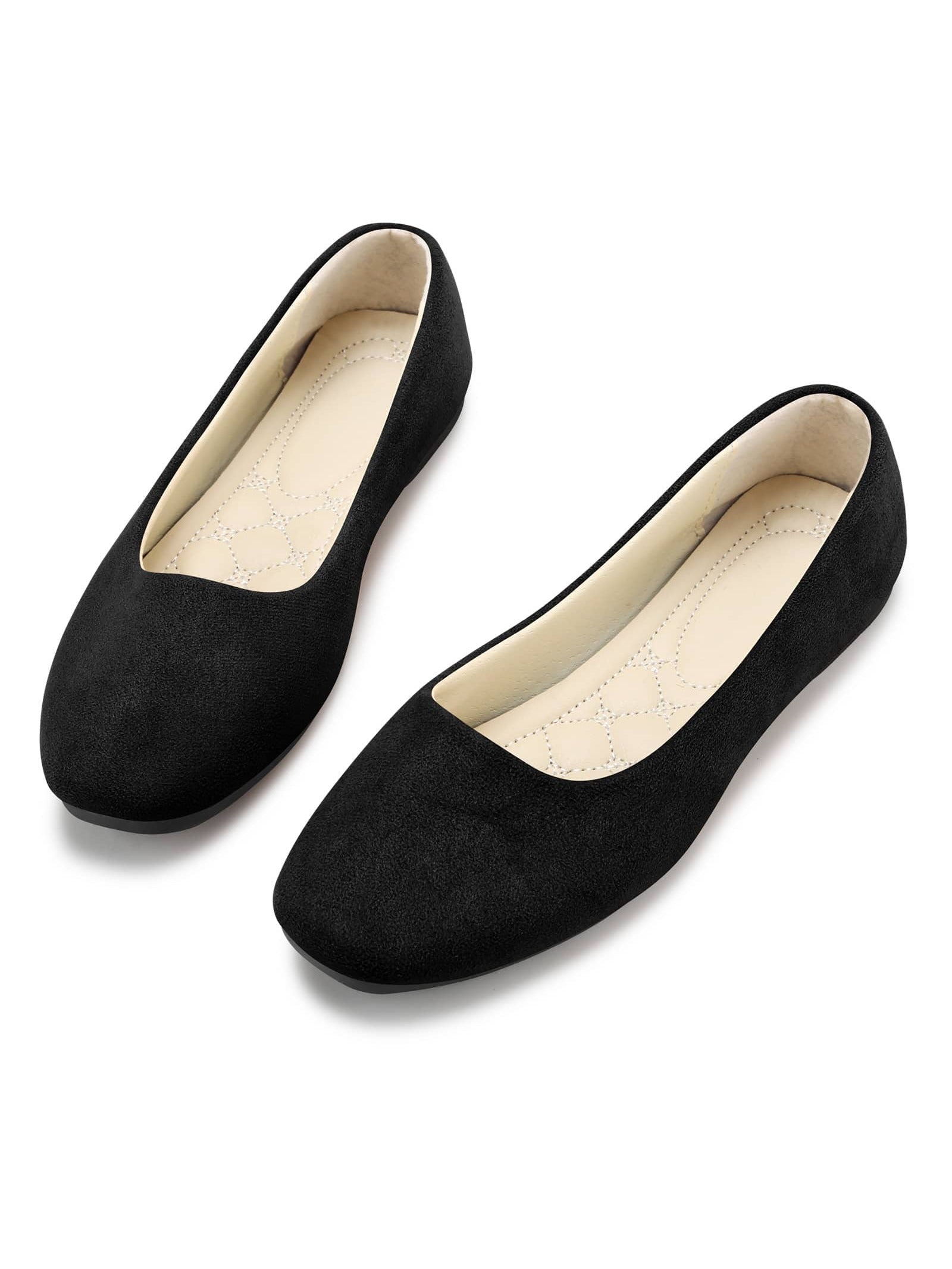 KUNWFNIX Suede Round Toe Women Flat Shoes Slip on Girls Dress Black Ballet Flats