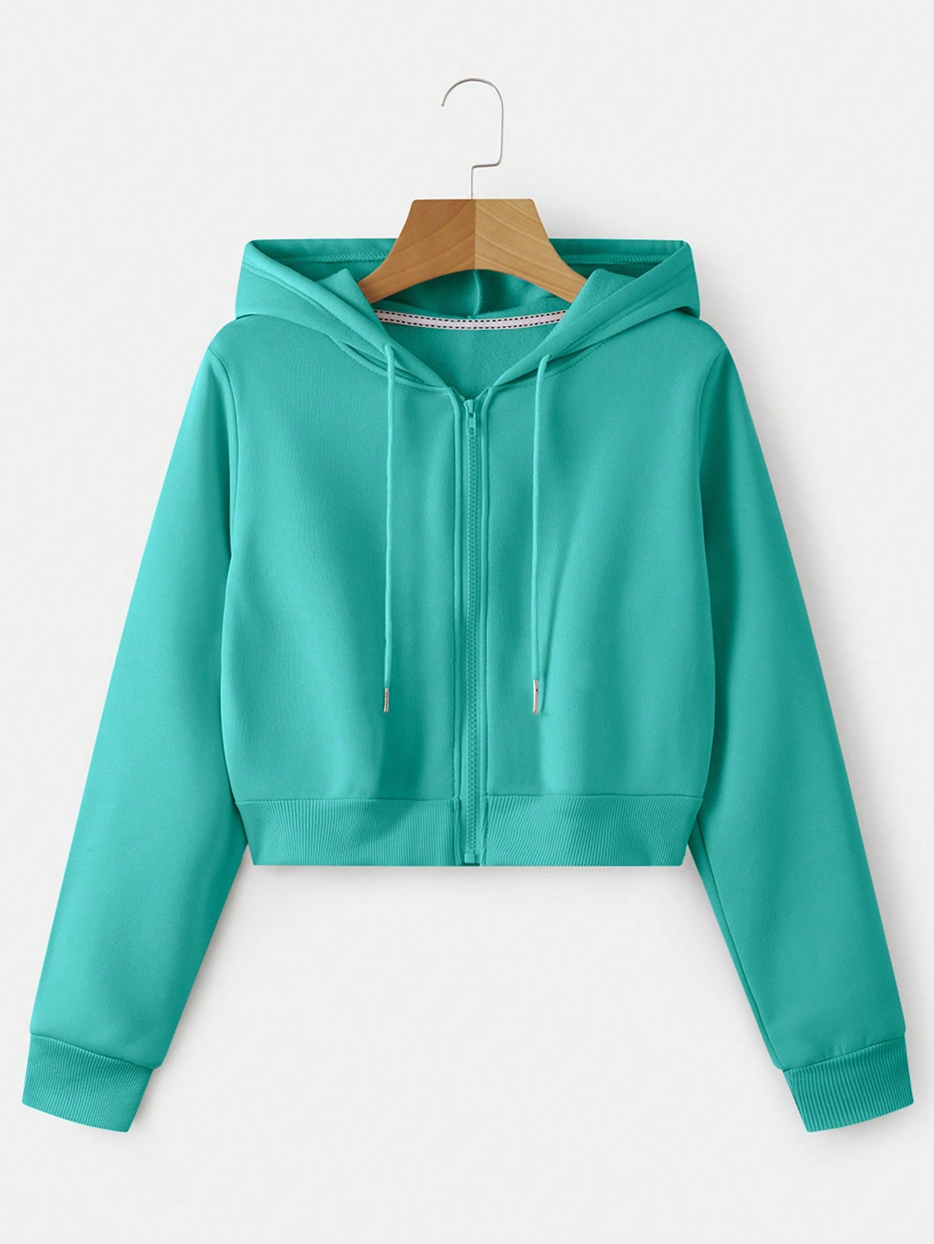 Solid Zip Up Drawstring Crop Thermal Lined Zip Up Hoodie