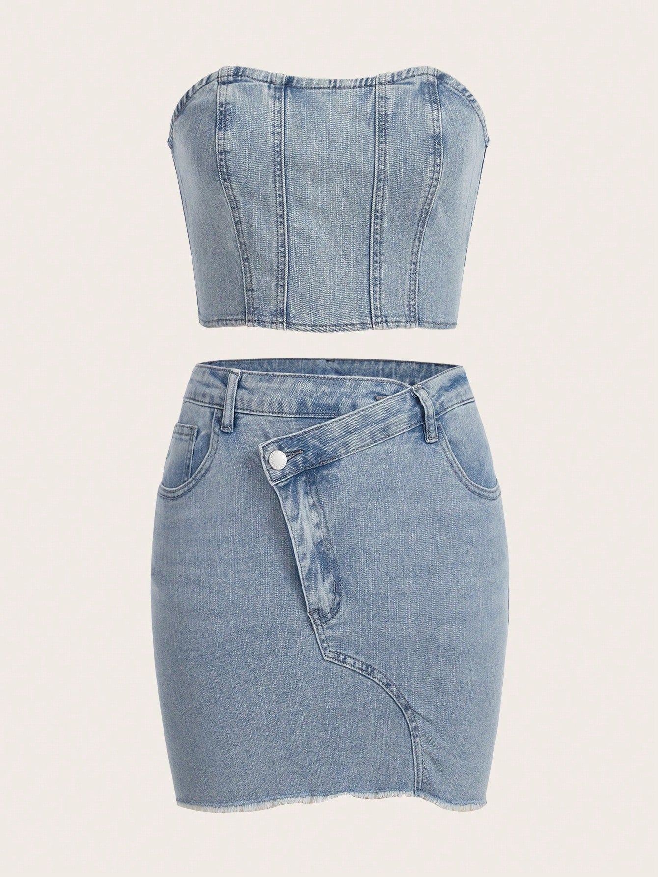 Raw Trim Denim Tube Top & Bodycon Skirt