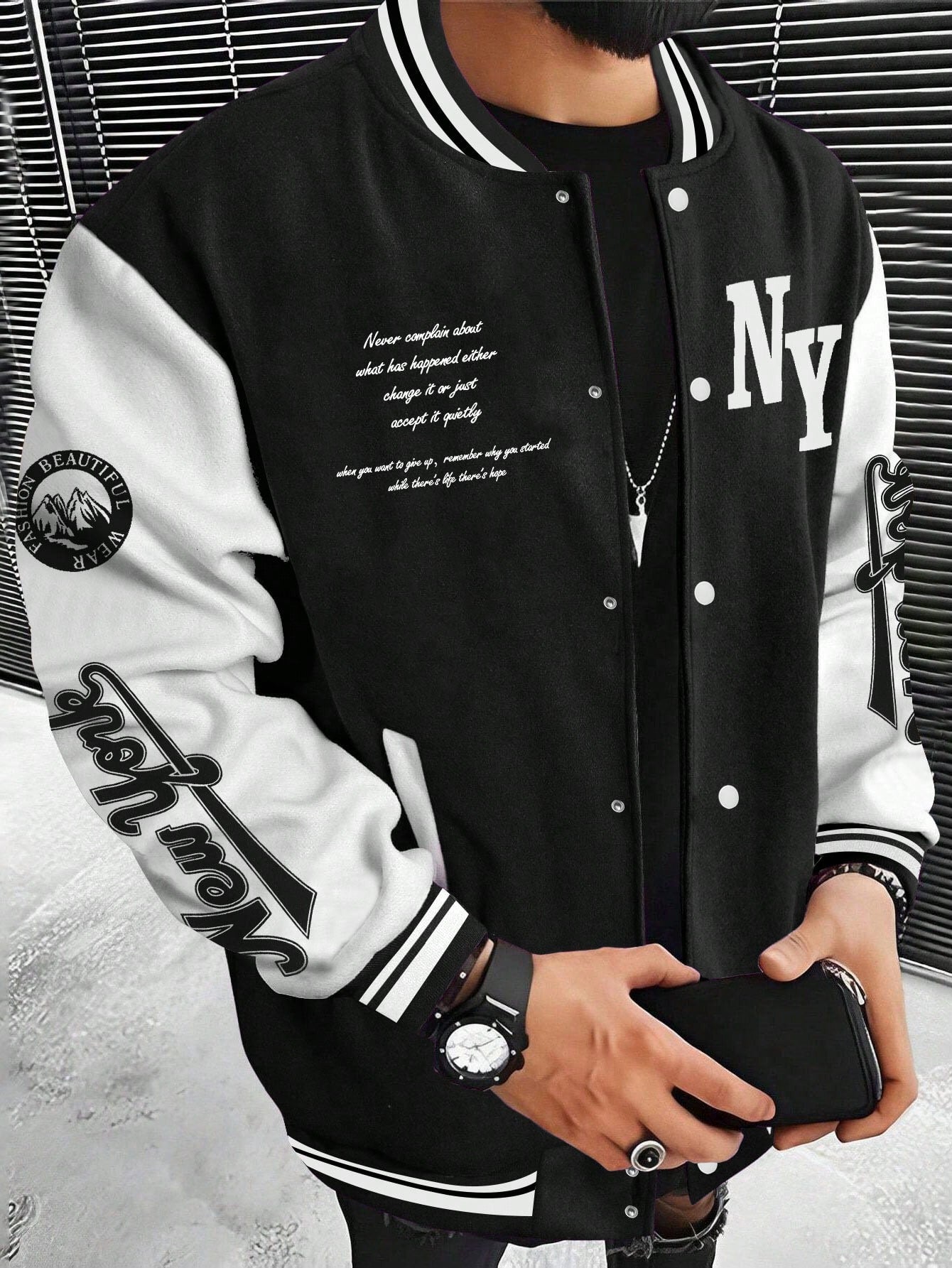 X Virginia & ZeFelipe Men Slogan Graphic Two Tone Varsity Jacket