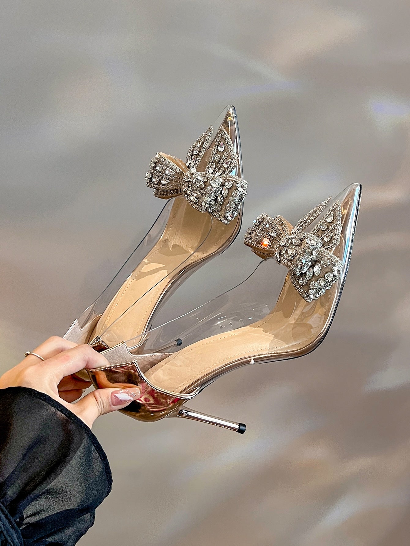 Women's Butterfly Flower Rhinestone Decor Pointed Toe Stiletto High Heels, Fashionable Silver And Champagne Color Shoes