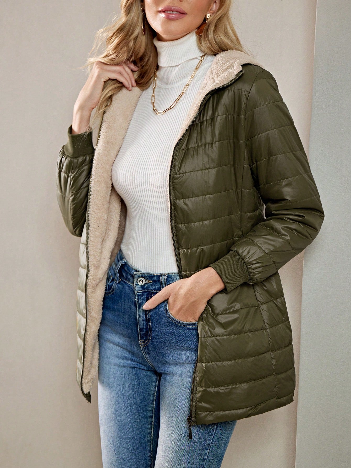 Zip Up Teddy Lined Hooded Padded Coat