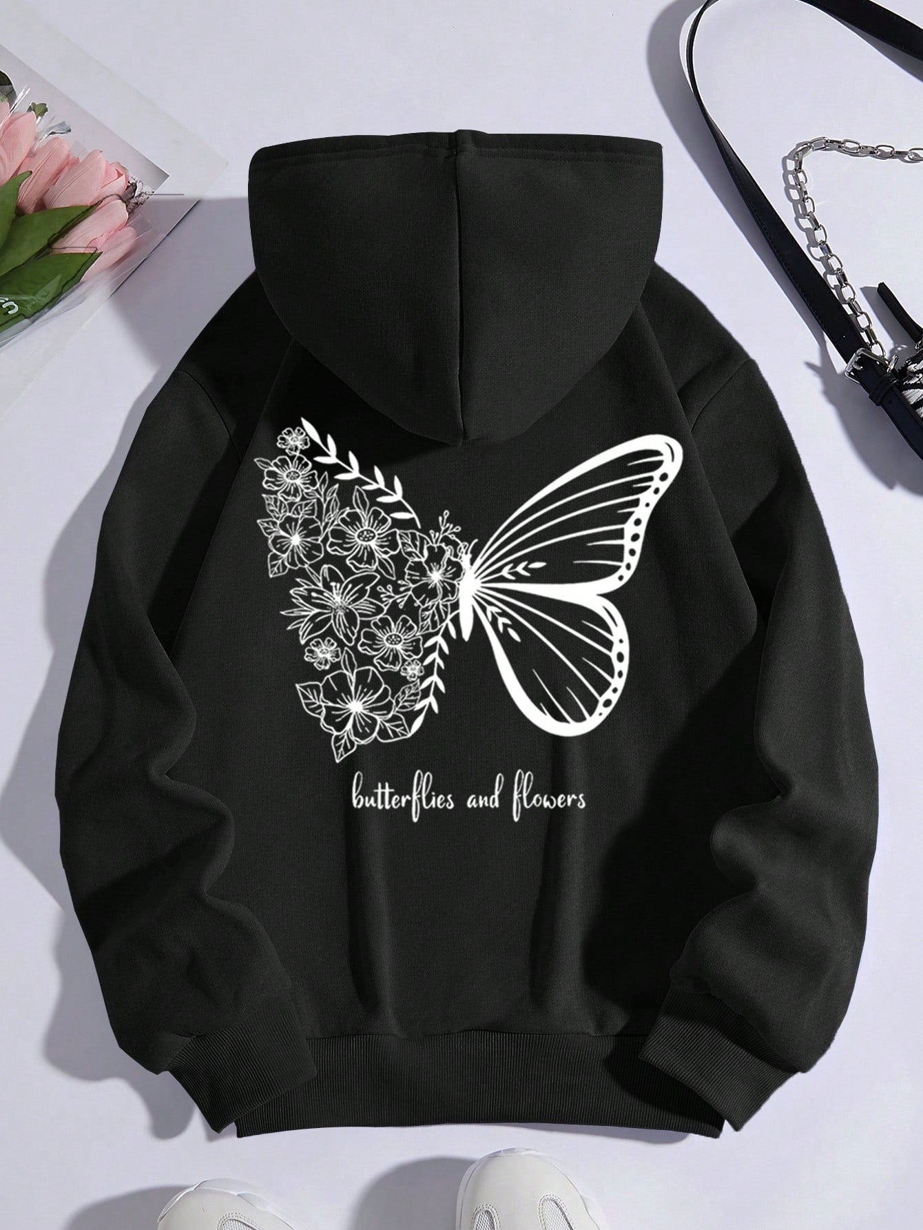 Butterfly & Slogan Graphic Drawstring Thermal Lined Hoodie Butterflies And Flowers