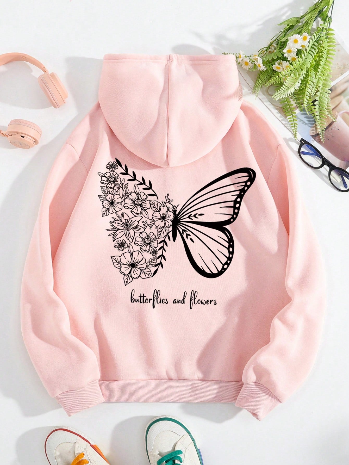 Butterfly & Slogan Graphic Drawstring Thermal Lined Hoodie Butterflies And Flowers