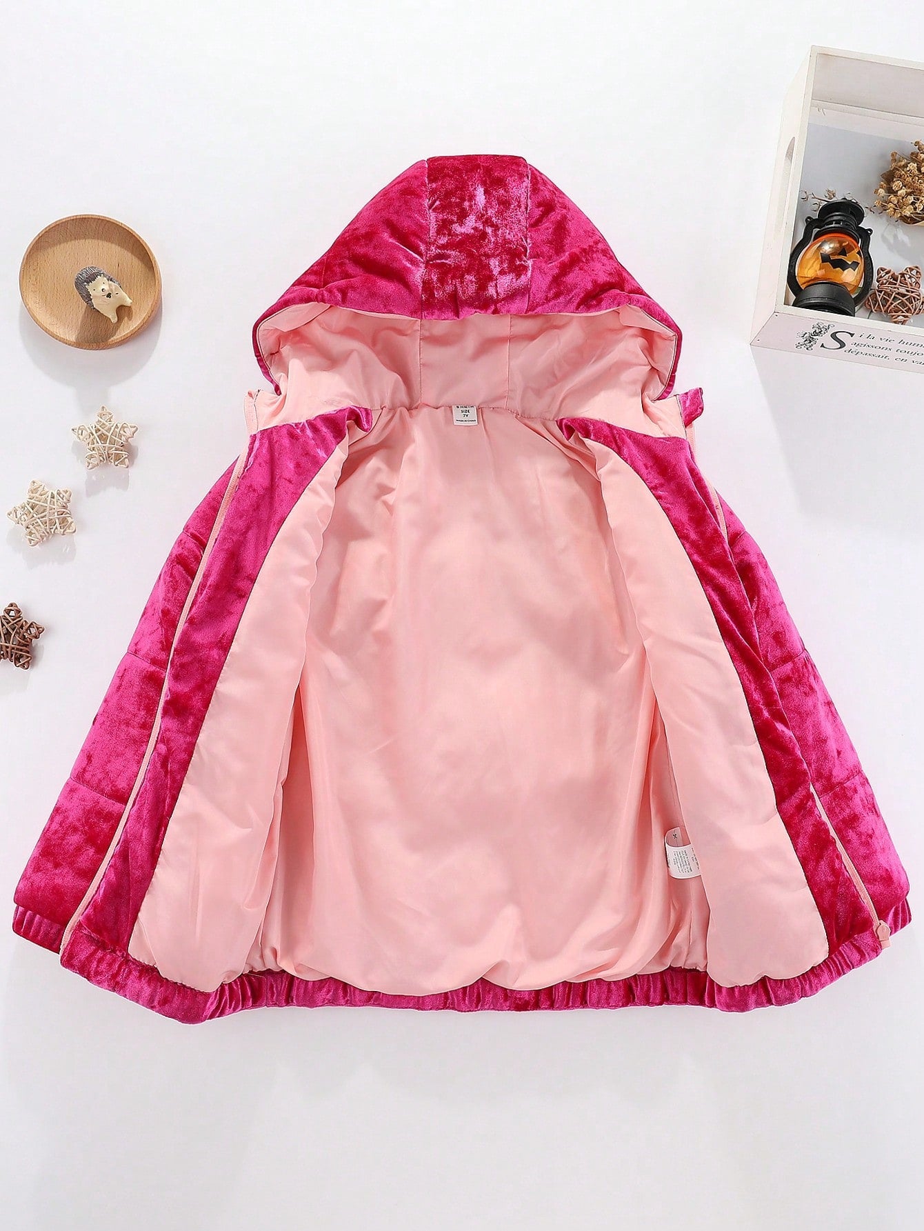 Young Girl Zip Up Hooded Velvet Puffer Coat