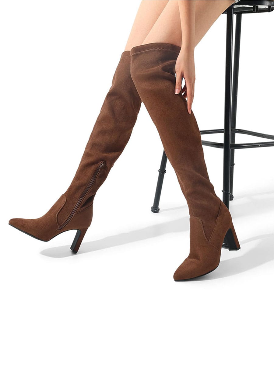 Women's Over The Knee Stretch Thigh High Boots Chunky High Heels Pointed Toe Long Fall Boots