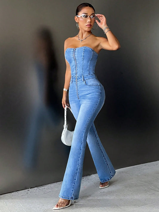 Zip Up Flare Leg Tube Denim Jumpsuit