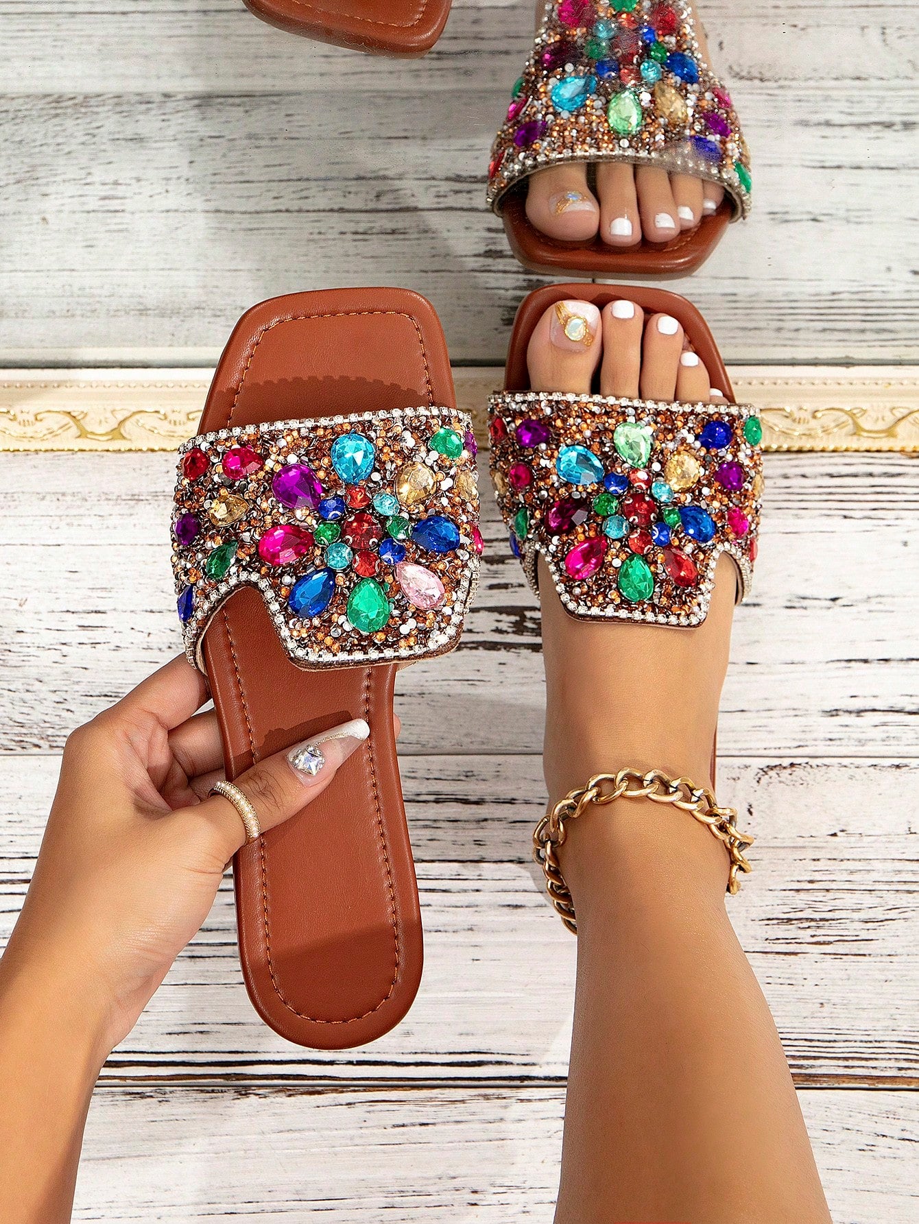 Glamorous Slide Sandals For Women, Metallic Gemstone Decor Single Band Flat Sandals