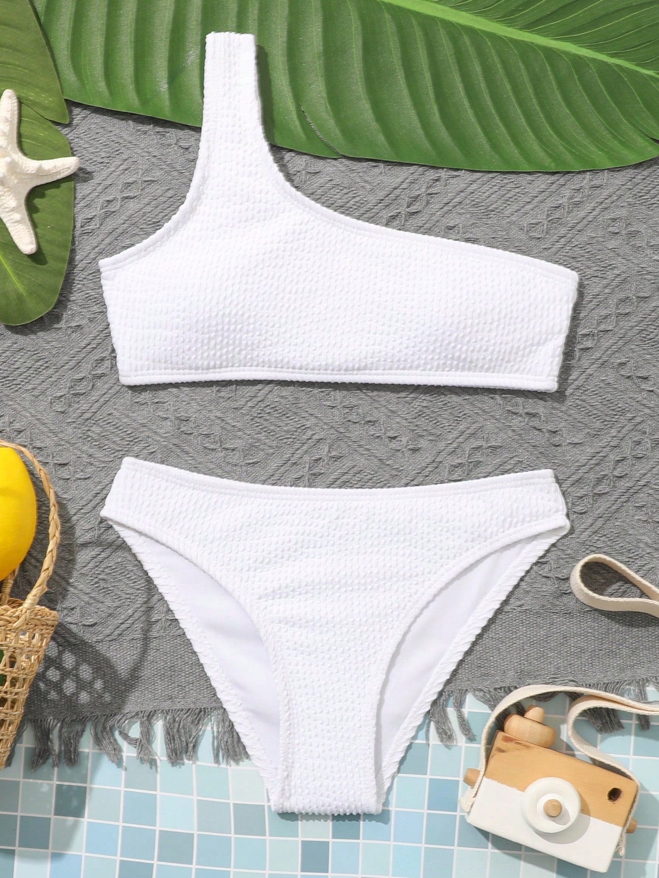 Tween Girl Plain One Shoulder Bikini Set Summer Beach