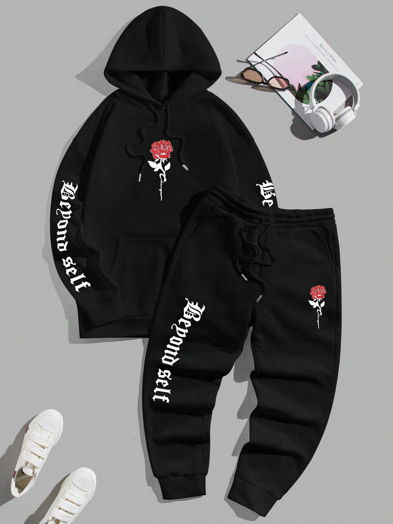 Men Floral & Letter Graphic Drawstring Hoodie & Sweatpants