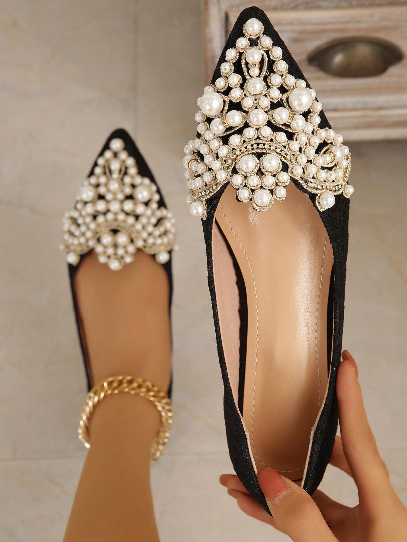 Women Faux Pearls Decor Flats, Elegant Point Toe Flats Ballet Flats