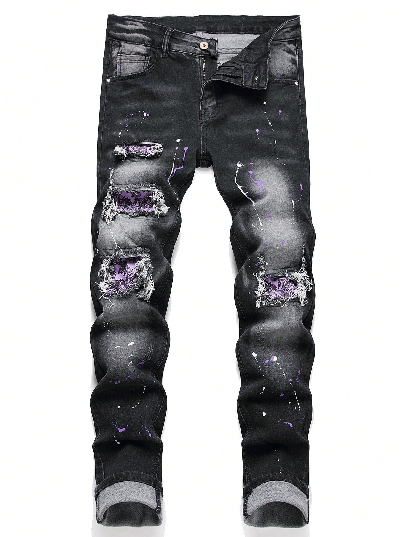 Men Cotton Splash Ink Ripped Slim Jeans