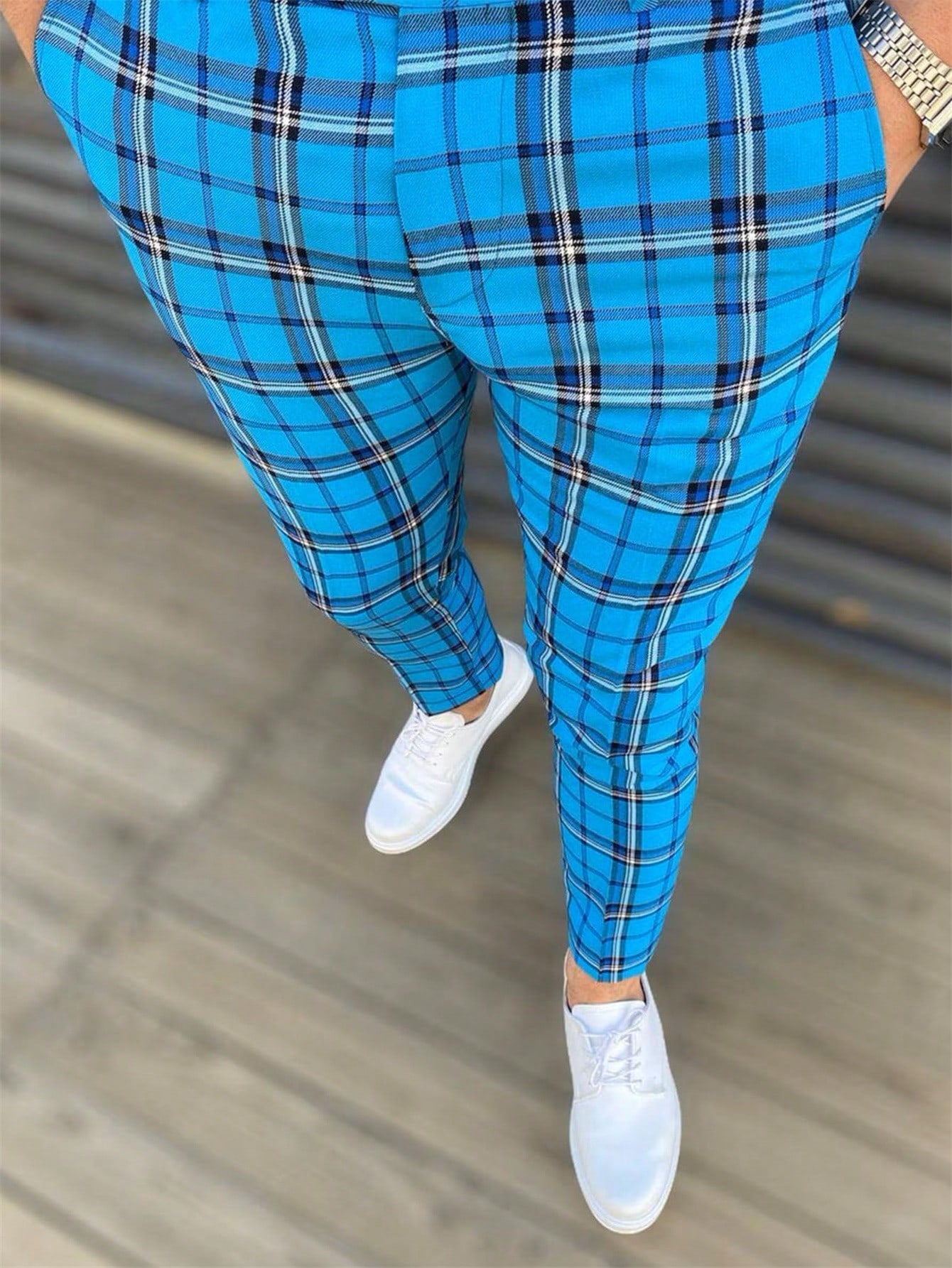 Men Plaid Print Slant Pocket Suit Pants