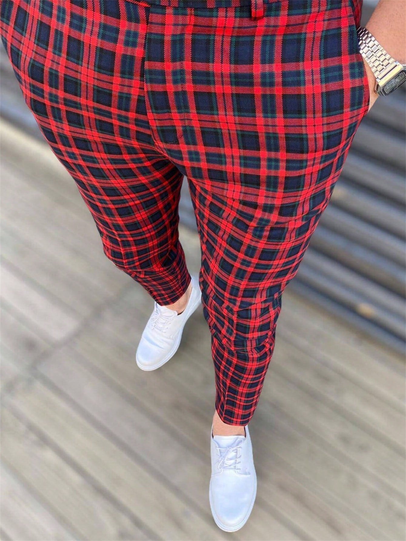 Men Plaid Print Slant Pocket Suit Pants